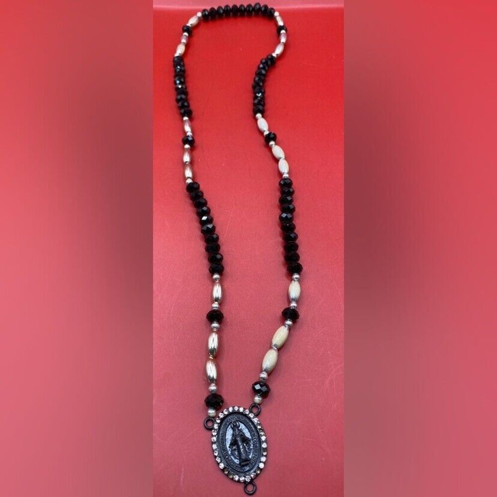 Women’s Necklace Rosary Beads Miraculous Medal Black Crystal 24” Religious